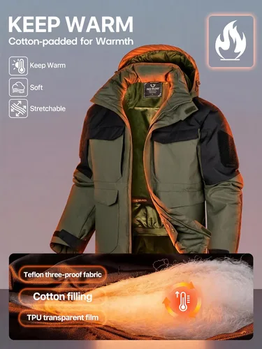Vista 3 de FREE SOLDIER Chaqueta de esquí impermeable para hombre, abrigo cálido de invierno para nieve, snowboard con múltiples bolsillos, capucha desmontable