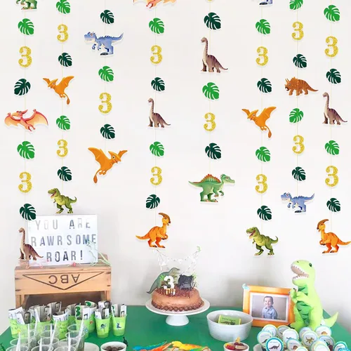 Vista 4 de Decoraciones de cumpleaños de dinosaurio de 52 pies para niños, pancarta de cumpleaños de tercer dinosaurio Rex, guirnalda de serpentinas, telón