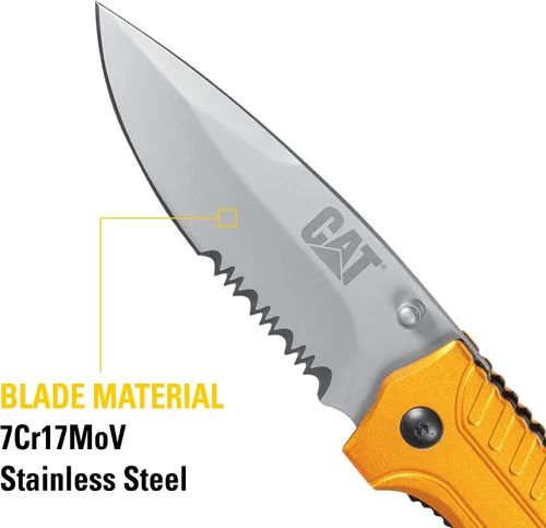 Vista 5 de CAT Drop Point Folding Knife, 7Cr17MoV Stainless Steel Blade, Gold Aluminum Handle, Liner-Lock, EDC Outdoor Camping Knife