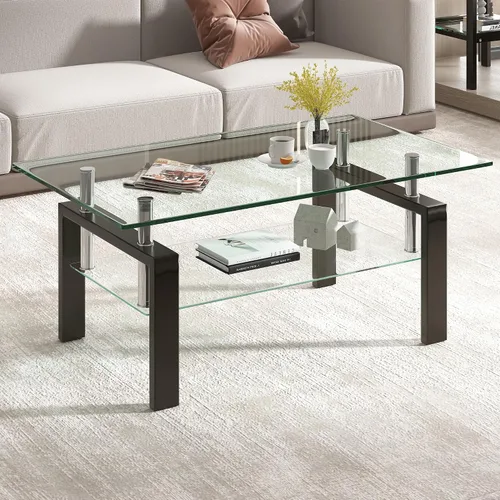 Vista 6 de Mesa de centro moderna de vidrio, mesas de té de vidrio templado negro de 2 niveles para sala de estar, rectangular de 39.4 x 23.7 x 17.72 pulgadas