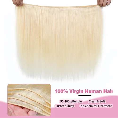 Vista 4 de 613 manojos de cabello humano lacio rubio, 100% sin procesar, grado 15A, cabello virgen brasileño sin procesar, extensiones de cabello virgen sin