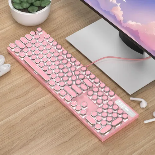 Vista 6 de Combinación de teclado y mouse mecánicos para juegos teclas redondas retro punk blanco retroiluminado USB teclado de computadora con cable