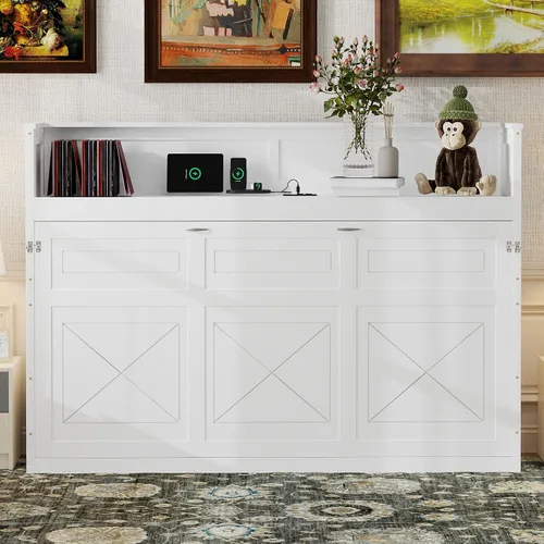 Vista 21 de Cama Murphy de tamaño matrimonial con estación de carga, marco de cama de pared de madera que ahorra espacio se puede plegar, armario de cama cubo