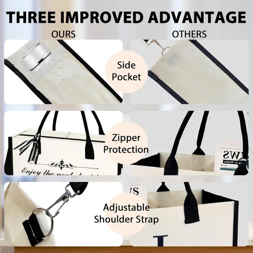 Vista 4 de Phrase Canvas Beach Bag,Zipper and Slide Pockets,Stylish Canvas BagShoulder Strap and Bottom Support, Office Handbag