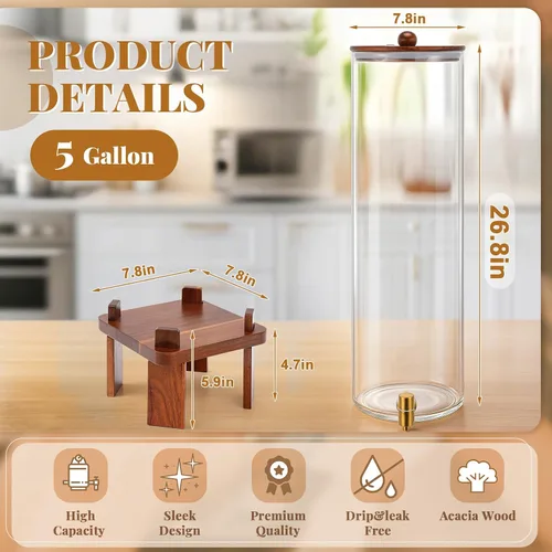 Vista 3 de FillTouch 1 dispensador de bebidas de vidrio de 5 galones con soporte de madera de acacia y tapa, dispensador grande de bebidas de vidrio con espita