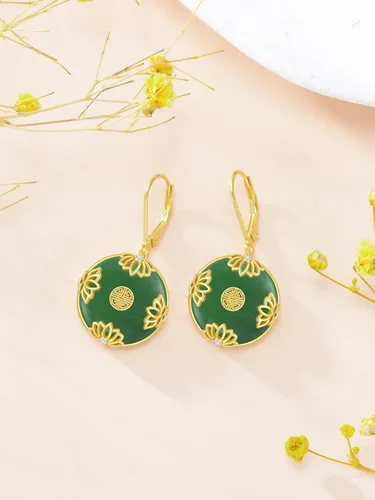 Vista 6 de HPQQ Aretes de jade para mujer, diseño de loto, trébol, rosa, girasol, colibrí, libélula, brújula, árbol de la vida, chapado en oro de 14 quilates