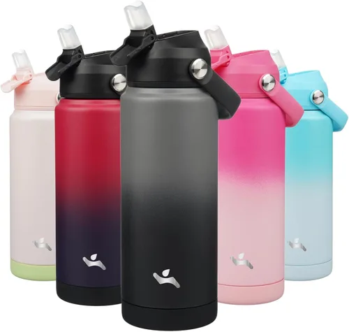 Vista 24 de Konokyo Botella de agua aislada con tapa de pajilla, botella de metal al vacío de acero inoxidable de 18 onzas con mango de silicona, color negro
