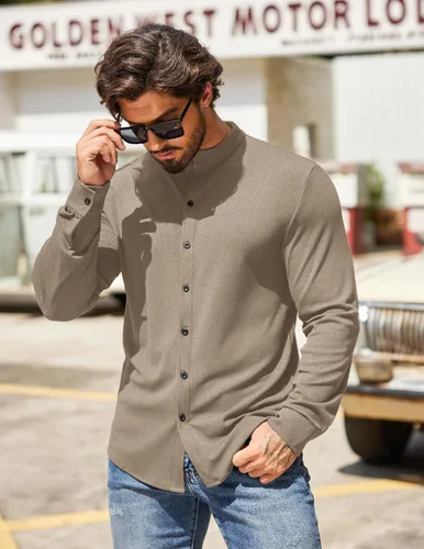 Vista 3 de COOFANDY Camisa de vestir elástica de manga larga con botones de punto acanalado para hombre