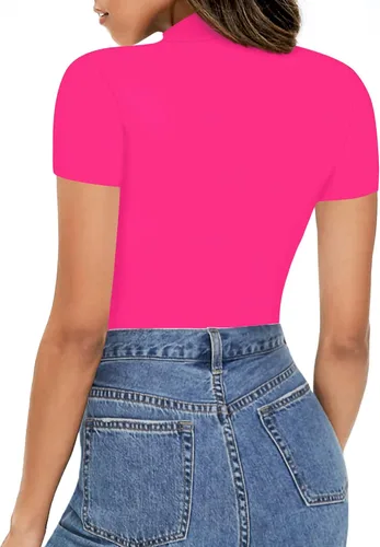 Vista 3 de HERLOLLYCHIPS Camisetas de cuello alto falso para mujer hombros descubiertos manga cortalarga punto acanalado ajustadas elásticas sexys casuales