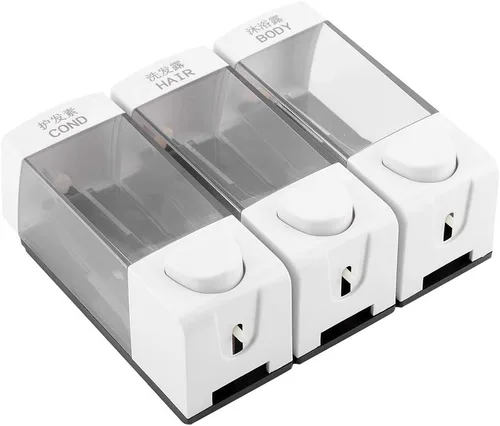 Vista 9 de Oumefar Dispensador de 3 cámaras y ducha montado en la pared, loción líquida, dispensador de champú manual, dispensador de ducha, 3 cámaras, sin