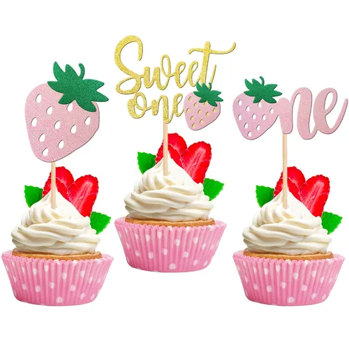 Vista 21 de 24 piezas de adornos para cupcakes de fresa, purpurina roja, temas de frutas, bayas y fresas, para verano, dulces, baby shower, fiesta