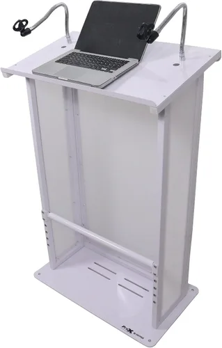 Vista 2 de Prox X-Maestro Media WH Maestro Multi-Media Lectern Podium - 32" LED Flatscreen TVs, 2 Gooseneck Mic Stands, White Finish - Ideal for Lectures