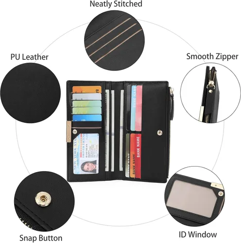 Vista 6 de Cartera BVEOGMRO para mujer de cuero con bloqueo RFID, gran bipliega con múltiples ranuras para tarjetas, con cierre, soporte para tarjetas