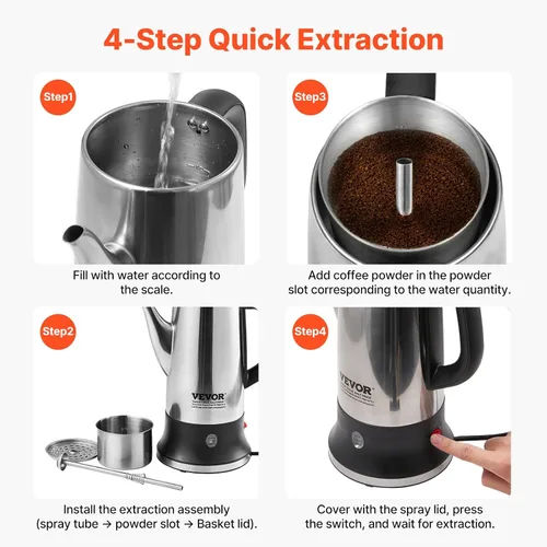 Vista 7 de VEVOR Cafetera Eléctrica de 12 Tazas con Percolador, Cafetera de Acero Inoxidable 304 con Función de Mantenimiento en Calor y Mango Resistente al