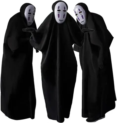 Vista 5 de No Face Man Kaonashi - Disfraces de cosplay de Halloween, conjunto completo de disfraz con máscara+ropa + guantes