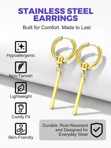 Vista 4 de Richsteel Dangle Earrings for Men,Stainless Steel Silver/Black/Gold plated Pendientes colgantes de oro B3