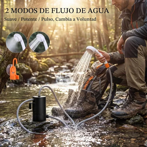 Vista 3 de Ducha portátil para campamento, 4400 mAh, recargable por USB, IPX7, impermeable, bomba de ducha con batería + cubo plegable para campamento Negro