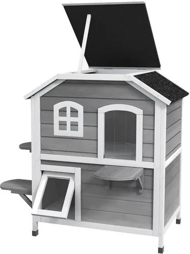 Vista 2 de 2-Story Cat House Outdoor, Weatherproof Wooden Cat Enclosure for Feral Cats with Escape Door, Openable Roof, Jumping Platforms, Gray