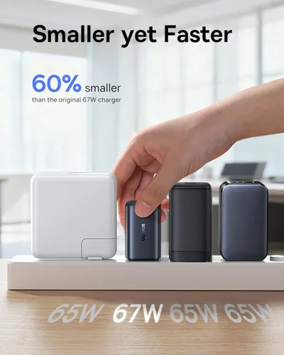 Vista 3 de Baseus PICOGO Cargador USB C de 67W, el Bloque de Carga Rápida de 3 Puertos Más Pequeño con Enchufe Plegable, PD/PPS para MacBook Air/Pro, iPhone