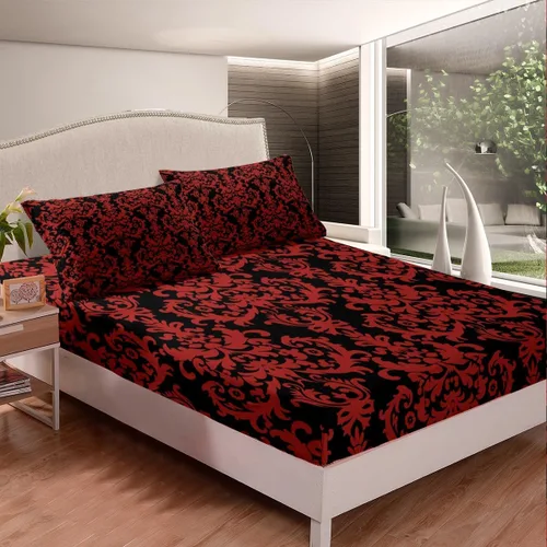 Vista 2 de Erosebridal Juego de sábanas de damasco con diseño floral, tamaño individual, gótico, rojo y negro, juego de sábanas de flores barrocas victorianas