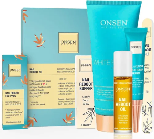 Vista 10 de Onsen Secret Kit completo de reinicio de uñas con aceite de cutícula de 0.3 fl oz, lima de uñas de grano 120/180 de doble cara, un bloque