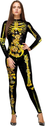 Vista 3 de Disfraz de Halloween para mujer, body de esqueleto, medias máscaras de Halloween para adultos, traje de esqueleto para mujer, fiesta de Halloween