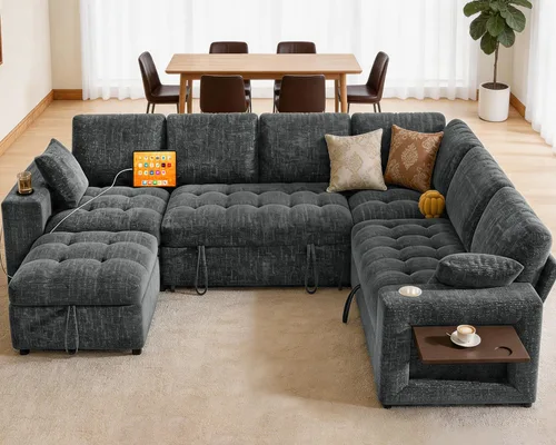Vista 2 de Vipbear Sofá cama modular de 111 pulgadas, sofá cama modular de 7 asientos con cama extraíble, sofá en forma de L de felpilla con otomana de Azul