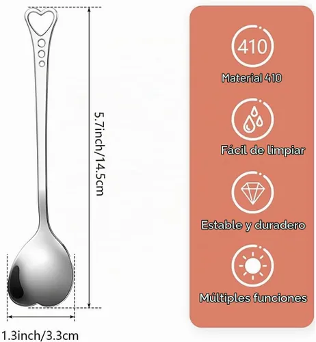 Vista 2 de Juego de 10 cucharas de postre de acero inoxidable en forma de corazón para el hogar, restaurante, cafetería y bar, diseño elegante, uso