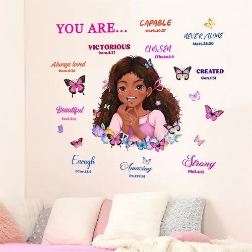 Vista 4 de Calcomanía de pared inspiradora de niña negra, sacinora con frases motivacionales, vinilo extraíble para mujeres afro, niños, guardería, dormitorio