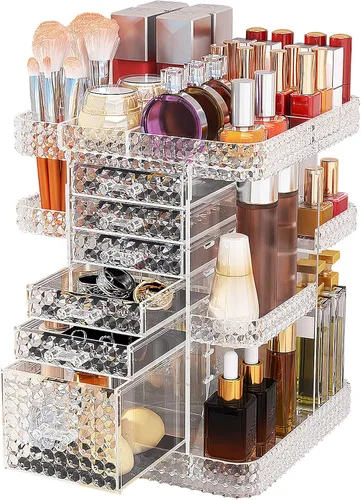 Vista 9 de Organizador de maquillaje giratorio de 360 grados para tocador, organizador grande para el cuidado de la piel con 6 cajones, organizador