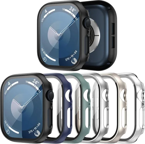Vista 12 de Paquete de 6 fundas para Apple Watch Series 9, Series 8, Series 7 de 1.61 pulgadas, funda con protector de pantalla de vidrio templado incorporado