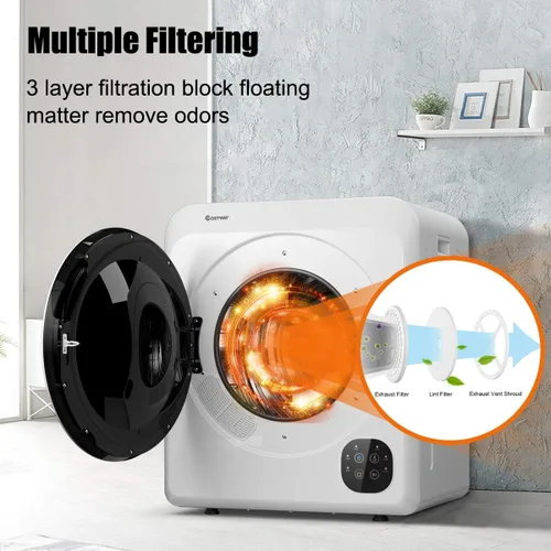 Vista 8 de COSTWAY Secadora eléctrica portátil de 1700W, secadora compacta de ropa de carga frontal con capacidad de 6 kg, tambor de acero inoxidable, panel
