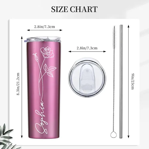 Vista 4 de Regalos personalizados para mujeres Vaso personalizado Tazas personalizadas Grabado con flor de nacimiento 20 oz Vaso personalizado con nombre