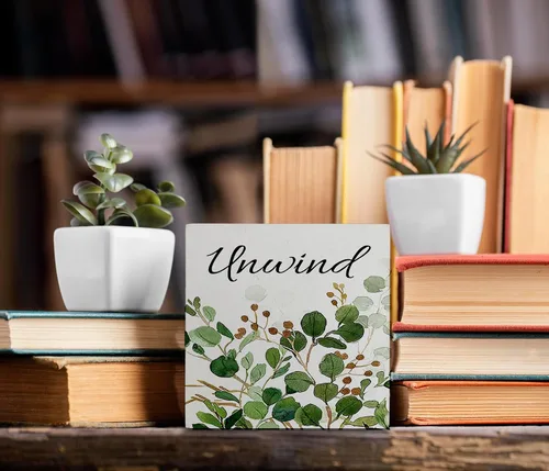 Vista 4 de Decoración de baño de granja verde salvia, letrero de caja de madera con frase "Breathe Quotes", decoración de estantes, artículos pequeños de Unwind