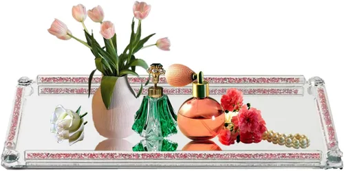 Vista 8 de Bandeja de cristal dorado, 11.8 x 7.9 pulgadas, bandeja decorativa de cristal para exhibición de perfumes cosméticos para una hermosa encimera