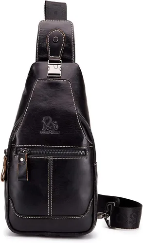 Vista 2 de Hebetag Mochila cruzada de cuero para hombres y mujeres, viajes, deportes al aire libre, #10Negro, Duradero, vintage