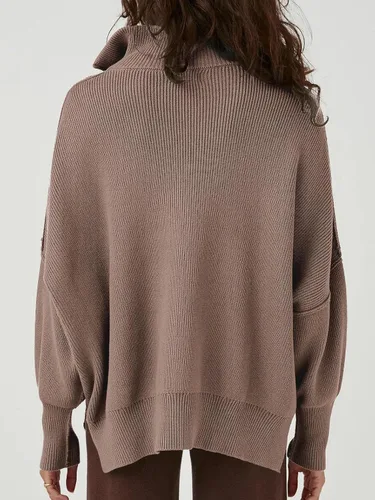 Vista 5 de LOGENE Sudadera de manga larga con cremallera de 1/4 para mujer, suéteres de punto de gran tamaño con abertura lateral, Marrón