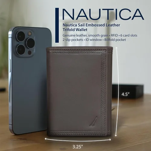 Vista 27 de Nautica Men's Trifold Wallet RFID Blocking Protection ID Window Card Slots Genuine Leather Durable