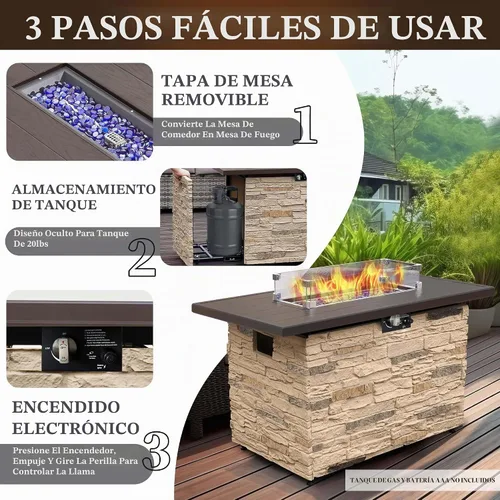 Vista 3 de Mesa de Hoguera de Propano PIZZELLO de 43 Pulgadas al Aire Libre, Mesa de Fuego Rectangular de Piedra para Exteriores, Mesa de Hoguera de 50,000 BTU