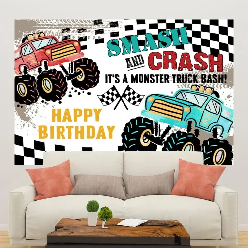 Vista 7 de Ticuenicoa Grave Digger - Fondo de cumpleaños de Monster Truck – Fondo de cabina de fotos con diseño de llama de 5 x 3 pies para niños, decoración