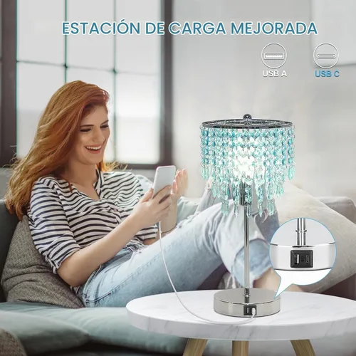 Vista 4 de Lámpara de mesa de cristal con control táctil, lámparas de mesita de noche con doble USB para dormitorio, lámpara de mesita de noche regulable de 3