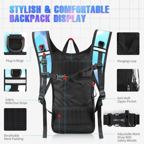 Vista 4 de Mochila de hidratación, paquete de hidratación para festivales y raves, mochila de agua con bolsa de hidratación de 2L, mochila de hidratación