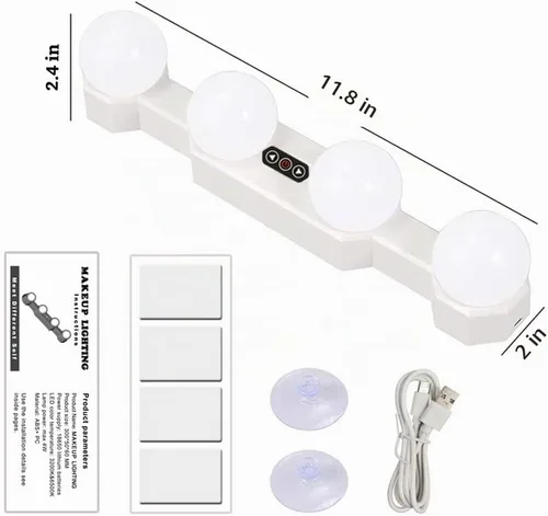 Vista 5 de Espejo de tocador profesional recargable portátil con 4 bombillas LED, luz de día simulada para baño, maquillaje, tocador, tocador, luces de tocador