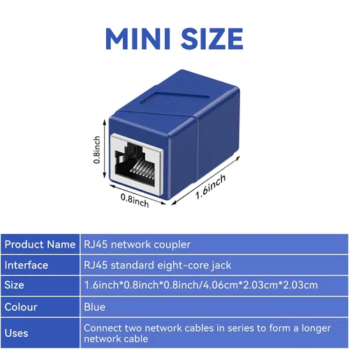 Vista 2 de Acoplador RJ45, adaptadores Ethernet de 2 pak, hembra a hembra, modular recto de 8 pines, conectores de red para cable Ethernet Azul