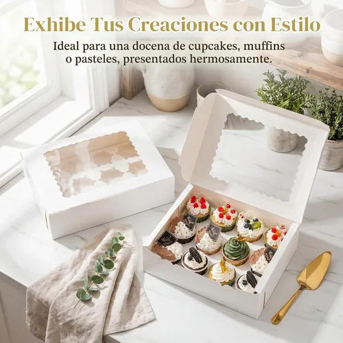 Vista 6 de Jucoan Paquete de 20 cajas para cupcakes, 12 unidades, recipientes de papel blanco para cupcakes con insertos y ventana, contenedor de panadería