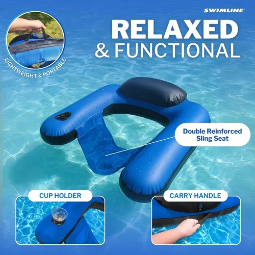 Vista 4 de SWIMLINE Original Fabric Covered Inflatable Pool Lounger with Comfortable Sling Seat, Back Rest, and Built in Cup Holder for Pool, Beach, Lake