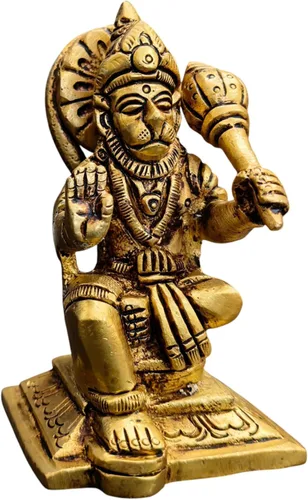 Vista 5 de Ídolo de Lord Hanuman de latón para templo del hogar de 3.25 pulgadas, postura sentada con Gada, murti religioso hecho a mano para habitación Pooja