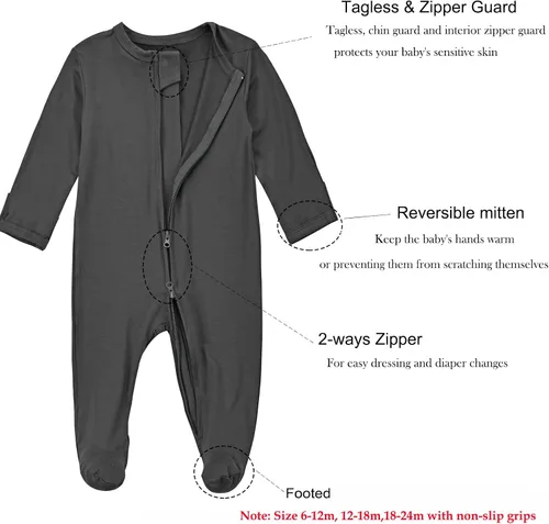 Vista 2 de Aablexema Baby Zipper Pajamas Bamboo Rayon, 3pcs Unisex Infant Onesie with Mitten Long Sleeve Footed Pjs