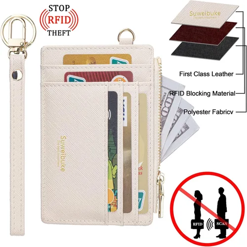 Vista 4 de Cartera delgada para mujer con bloqueo RFID para tarjetas de crédito, porta tarjetas tipo pulsera con cremallera para identificación, cartera