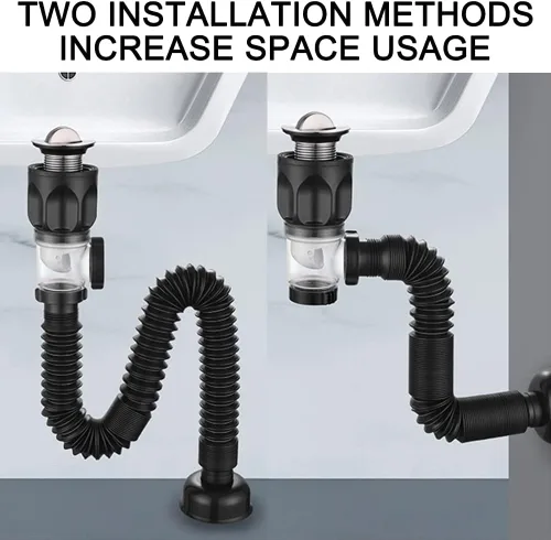 Vista 3 de Kit de drenaje de fregadero de baño con tubo P-Trap flexible y expandible antiolor, tubo de drenaje de fregadero de baño para agujero de 1-1/4